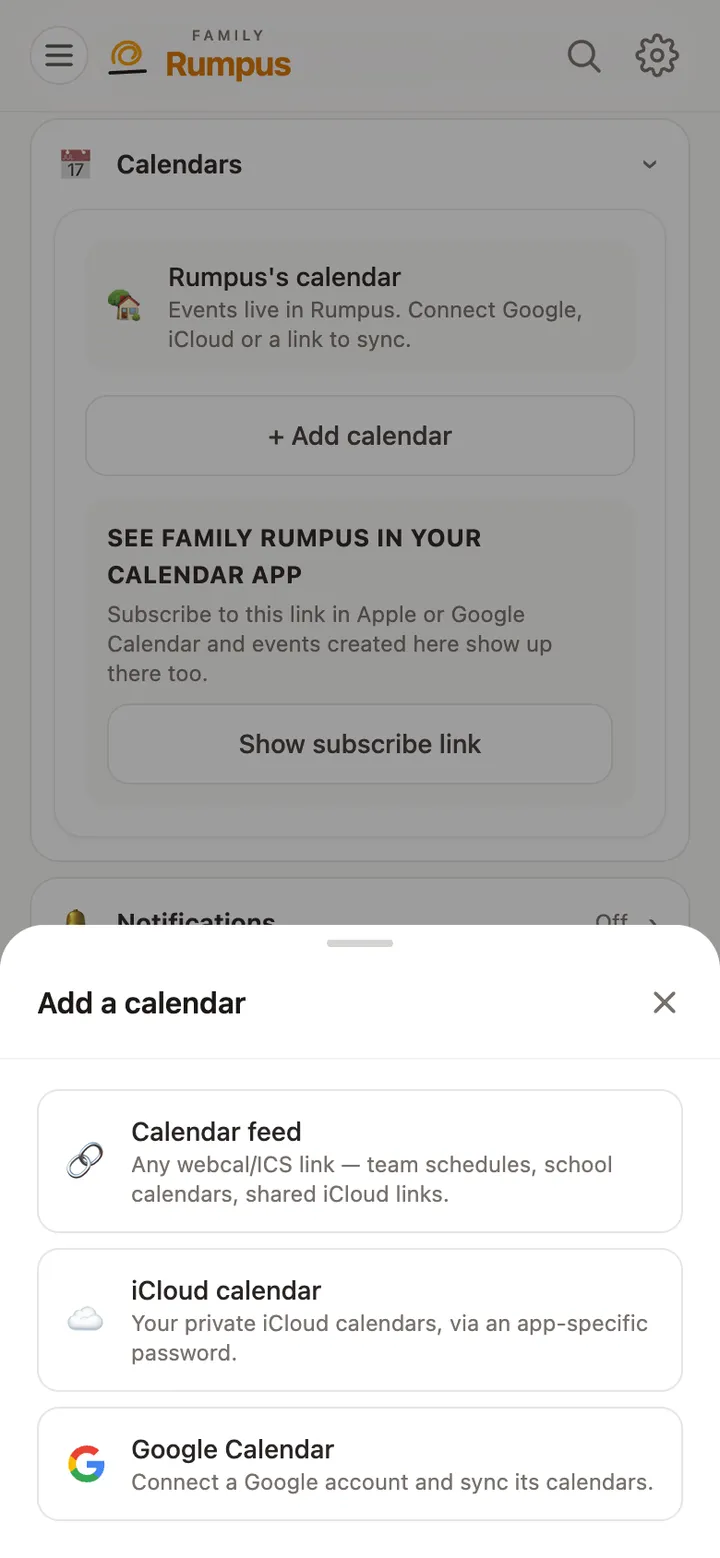 The Add a calendar sheet: Calendar feed, iCloud calendar or Google Calendar