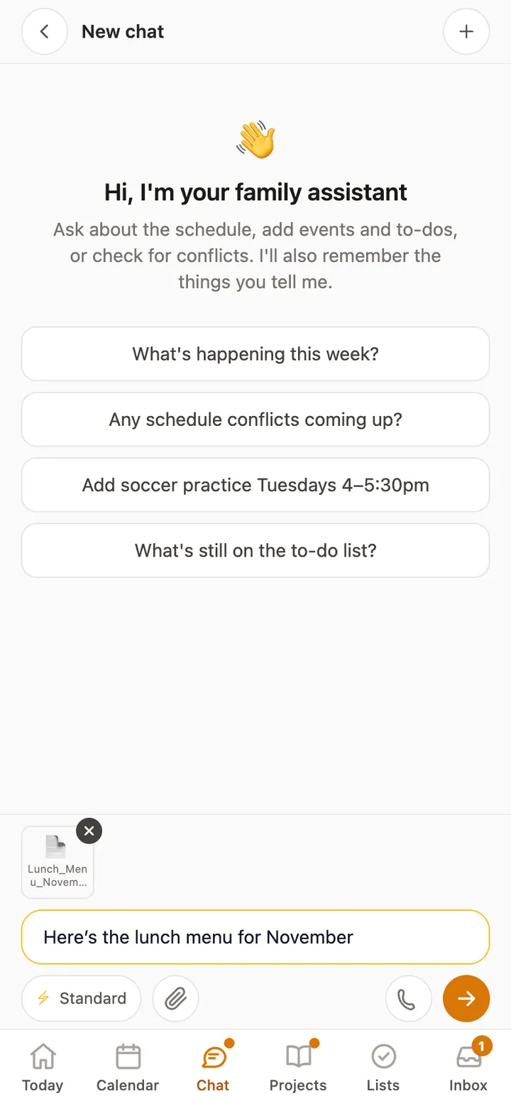 A chat with a lunch menu PDF attached, ready to send