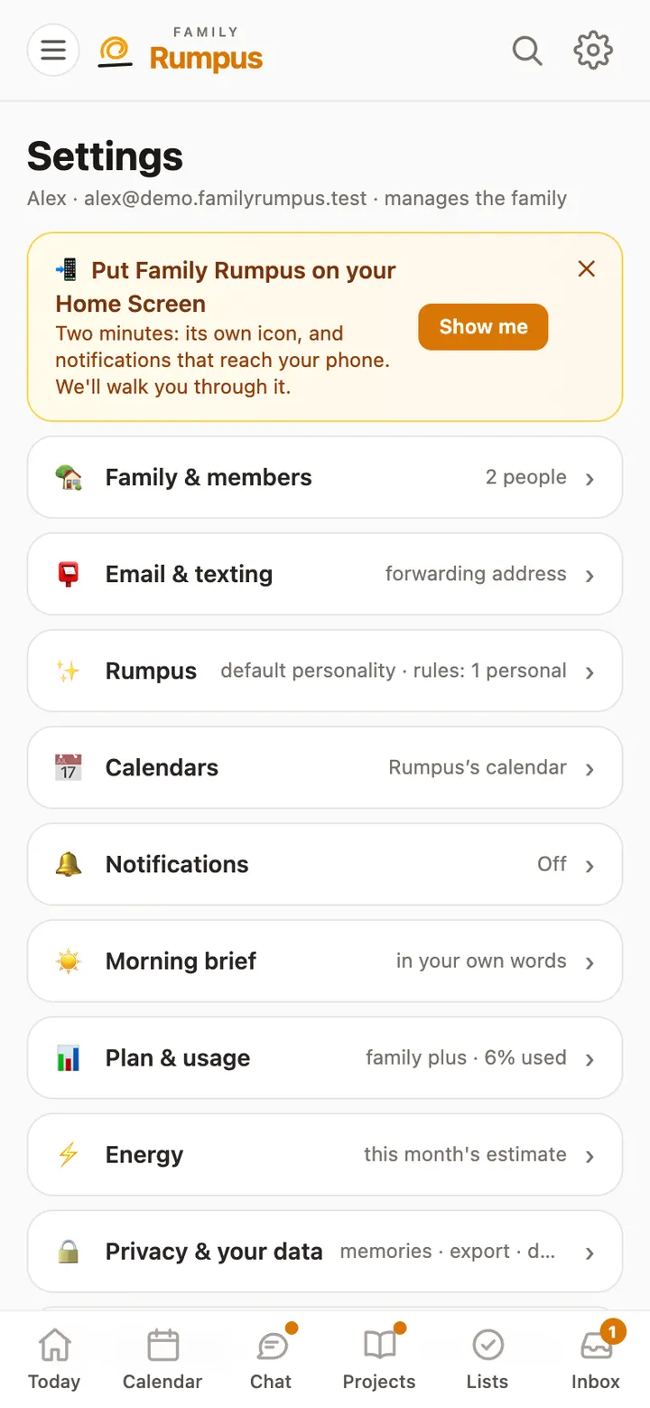 The top of Settings: Put Family Rumpus on your Home Screen, with Show me