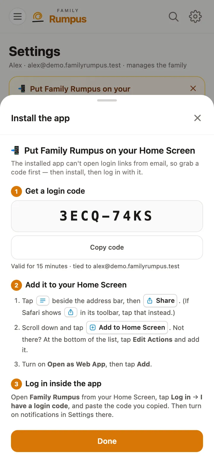 The walkthrough on an iPhone: a login code to copy, then Safari’s Page Menu, Share and Add to Home Screen buttons
