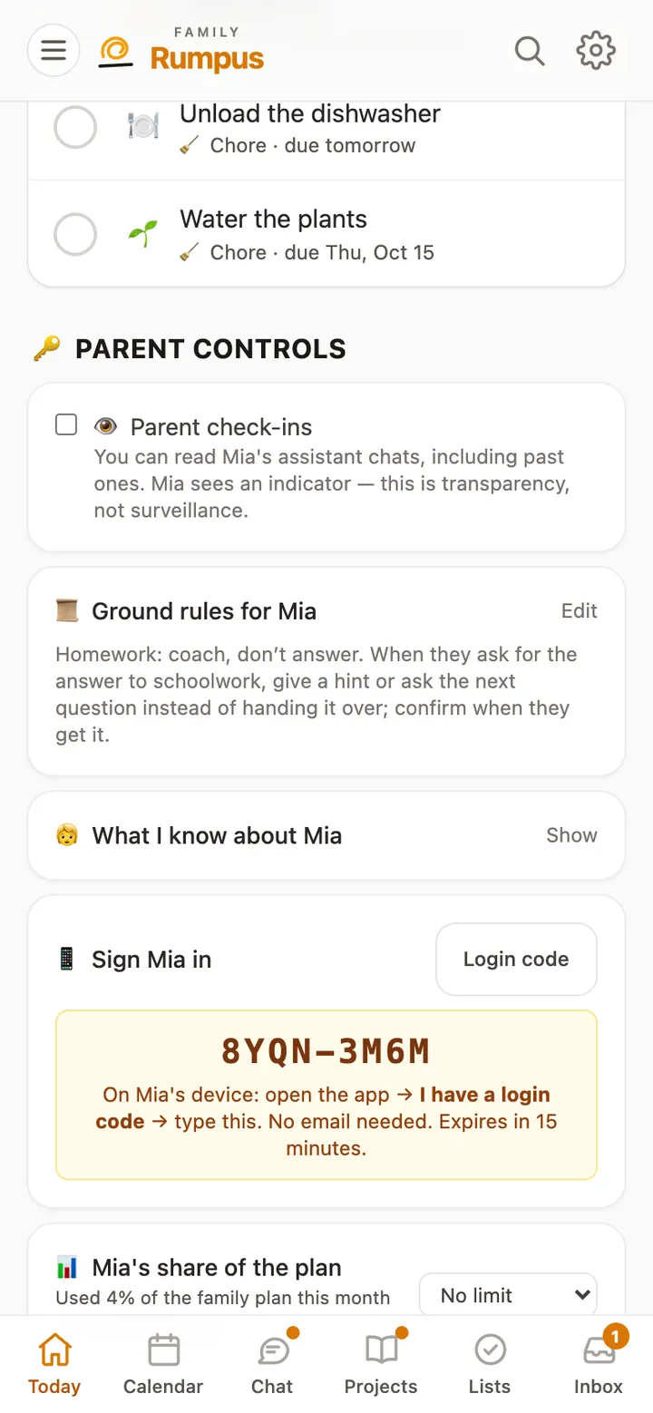 Mia’s page showing a login code to type on her own device