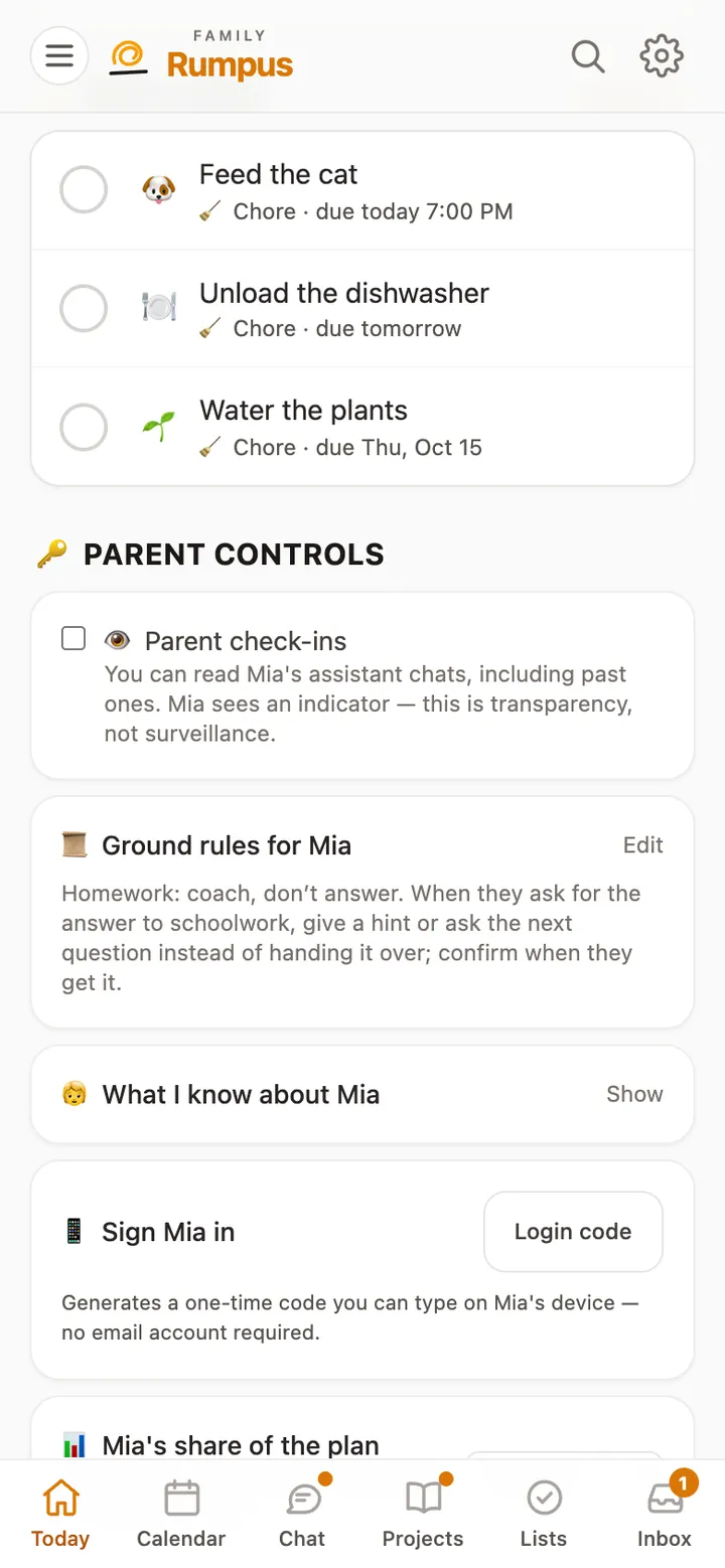 Mia’s page: Parent check-ins, Ground rules for Mia, and What I know about Mia