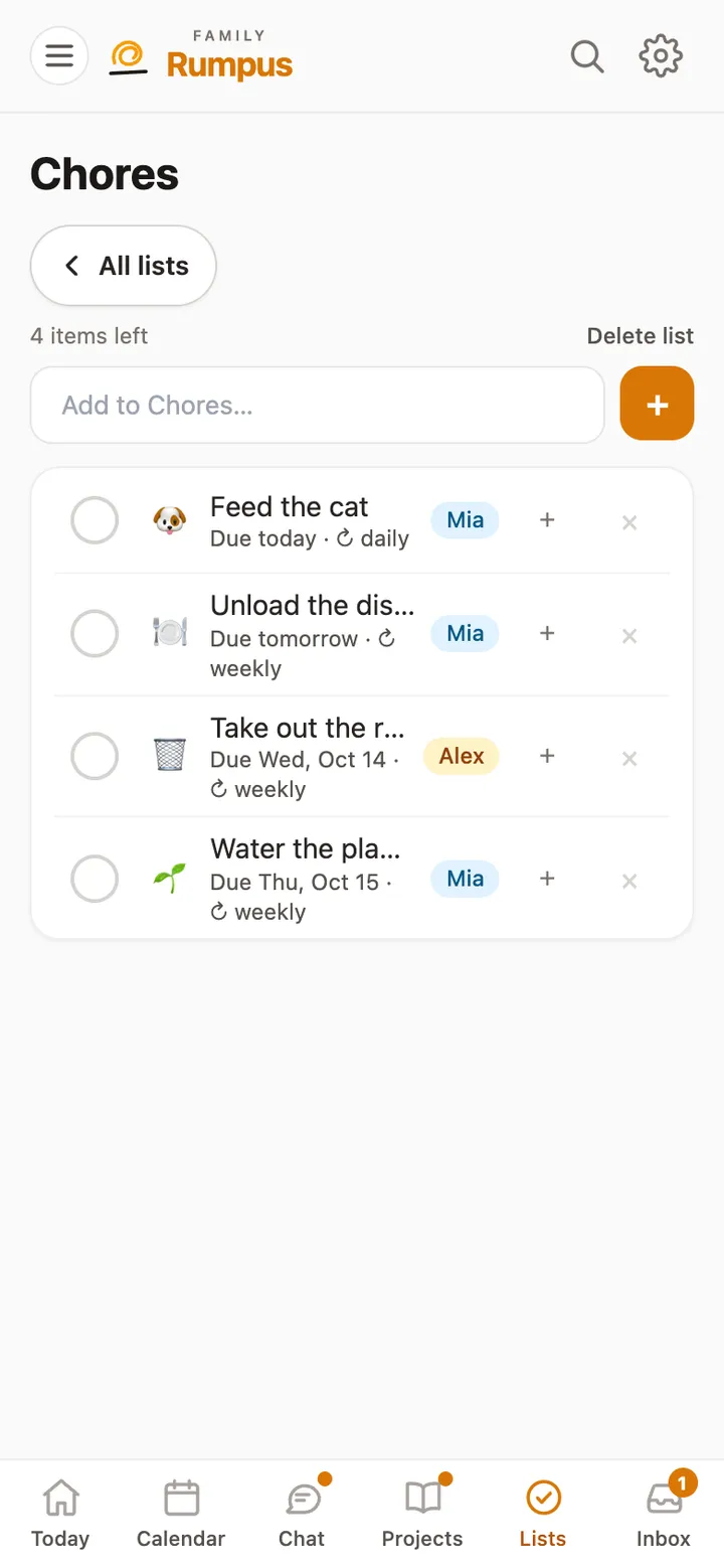 The Chores list: Feed the cat, Unload the dishwasher, Take out the recycling and Water the plants, each with who it’s for