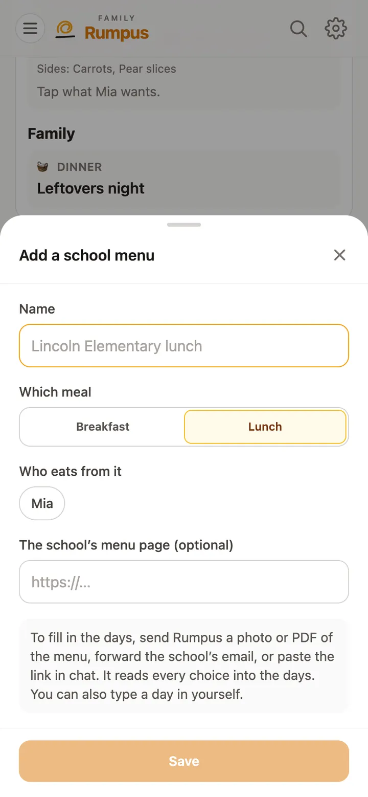 The Add a school menu sheet: name, which meal, who eats from it, and the menu page