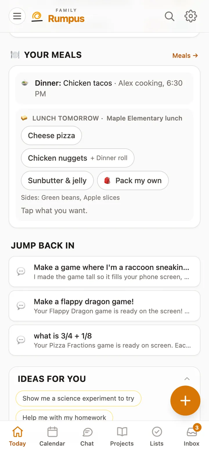 Mia’s Today screen: tonight’s dinner and tomorrow’s lunch choices to tap