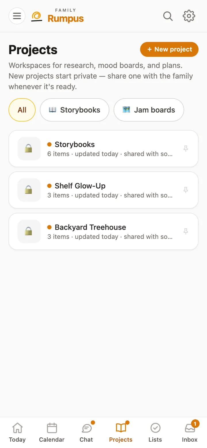 The Projects screen: Storybooks, Shelf Glow-Up and Backyard Treehouse