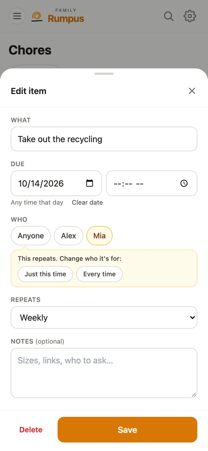 Editing Take out the recycling: Mia picked, with the choice Just this time or Every time