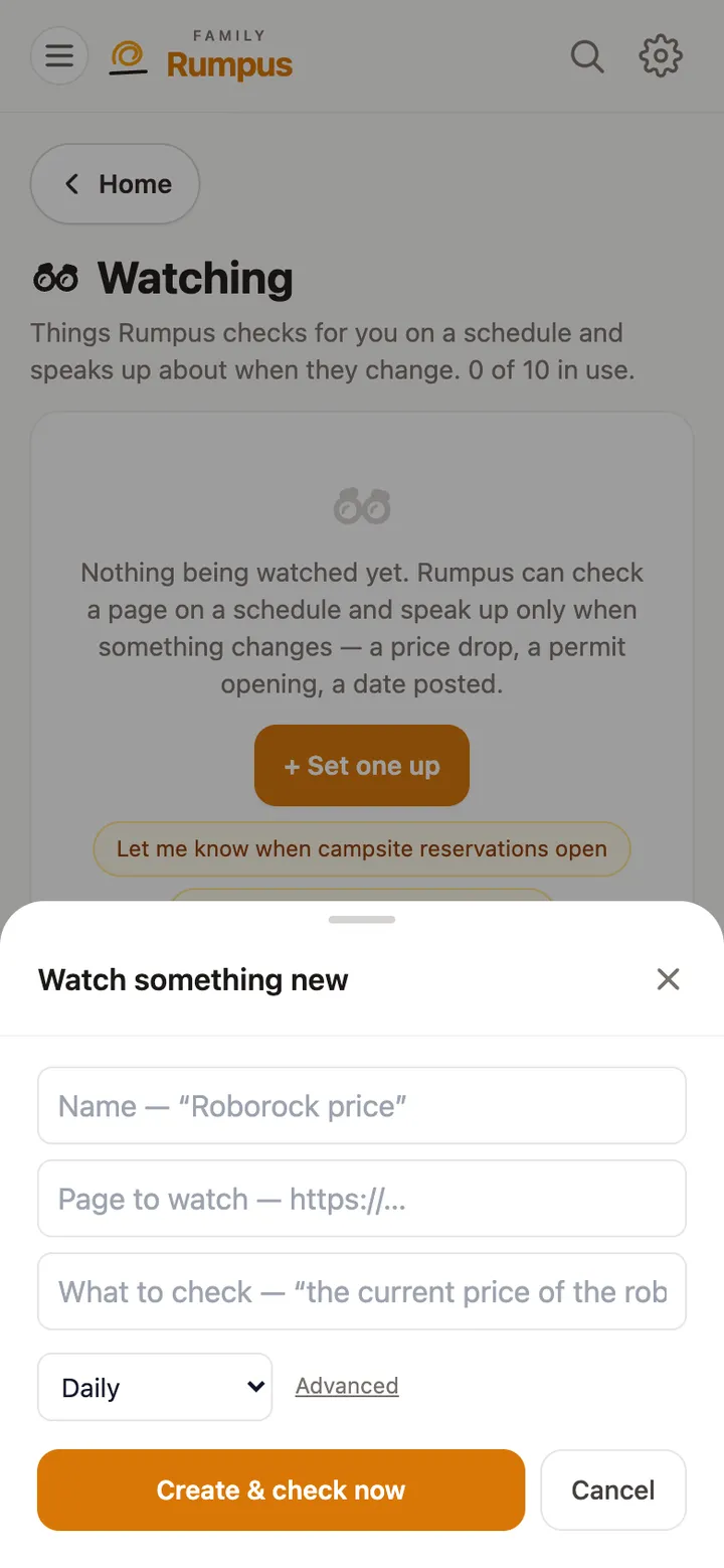 The Watch something new sheet: name, page to watch, what to check, and how often